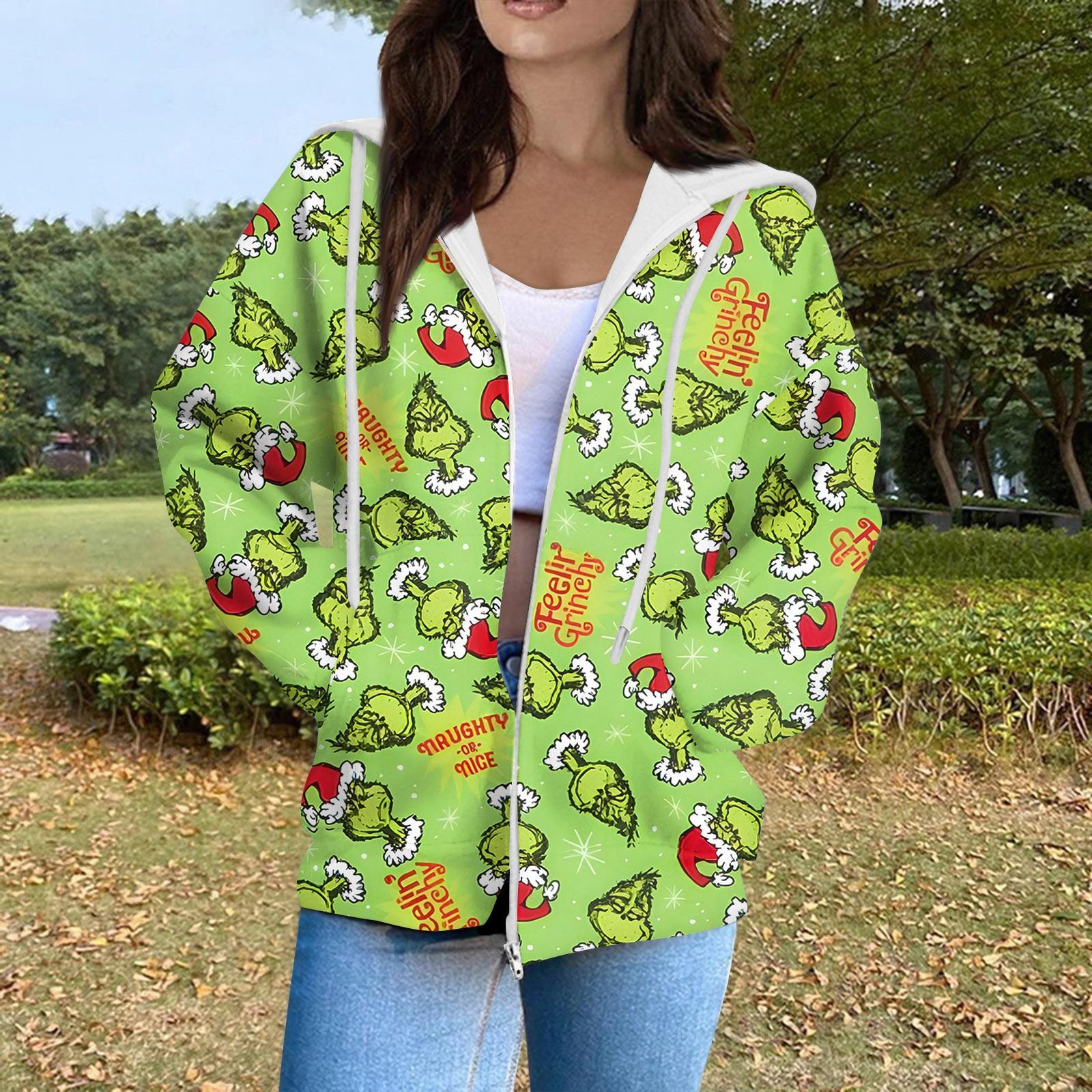 

Женская модная повседневная толстовка с рождественским принтом и длинными рукавами, карманная куртка, пальто с капюшоном на молнии M зелёный