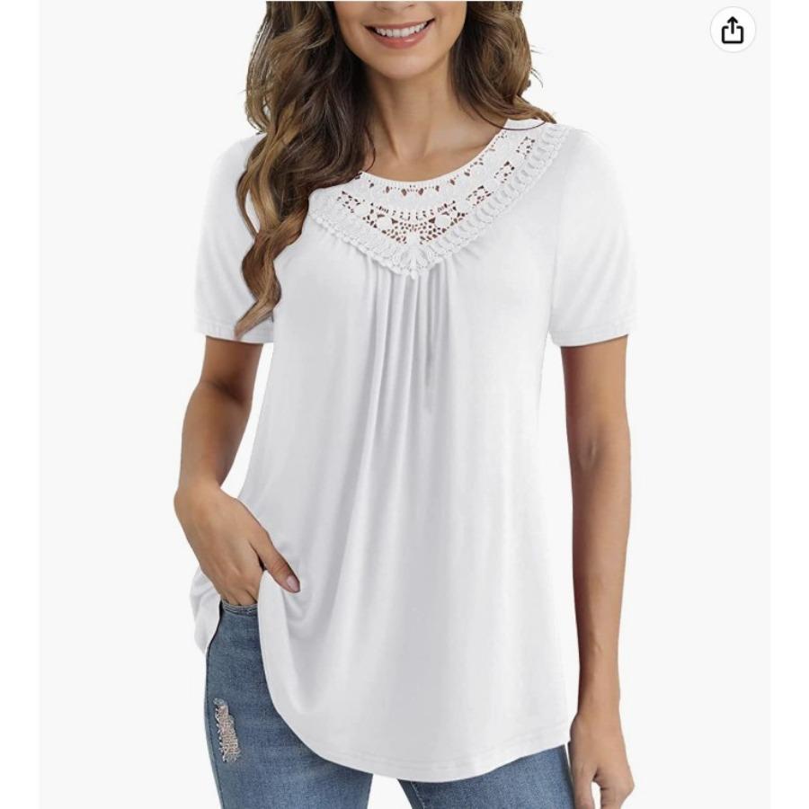 Short Sleeve Lace Hallow Out Patchwork Pleated A Line Casual T Shirt for Summer Women Plus Size Top