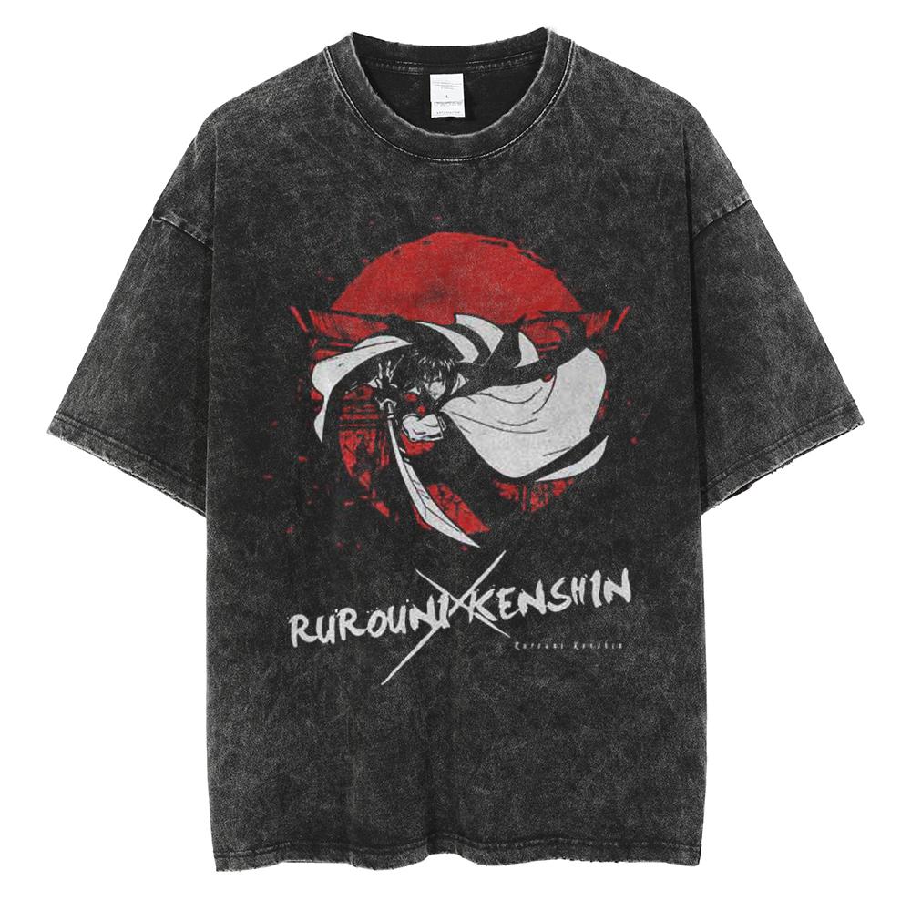 Harajuku Anime Rurouni Kenshin Himura Kenshin Print Tshirt Men Manga Oversized Tshirts Washed Cotton Tee Male Casual T Shirt