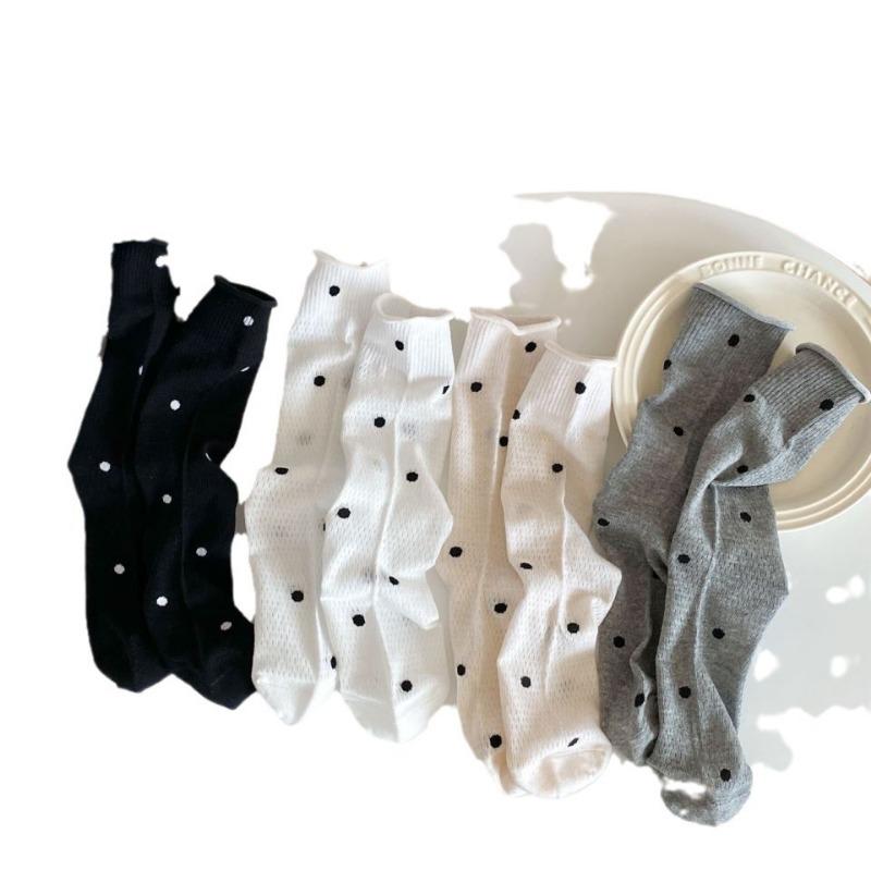 Polka Dot Socks, Women's Mid-calf Socks, Trendy Summer Thin Cotton Student Mesh Breathable Rolled-up Long Socks