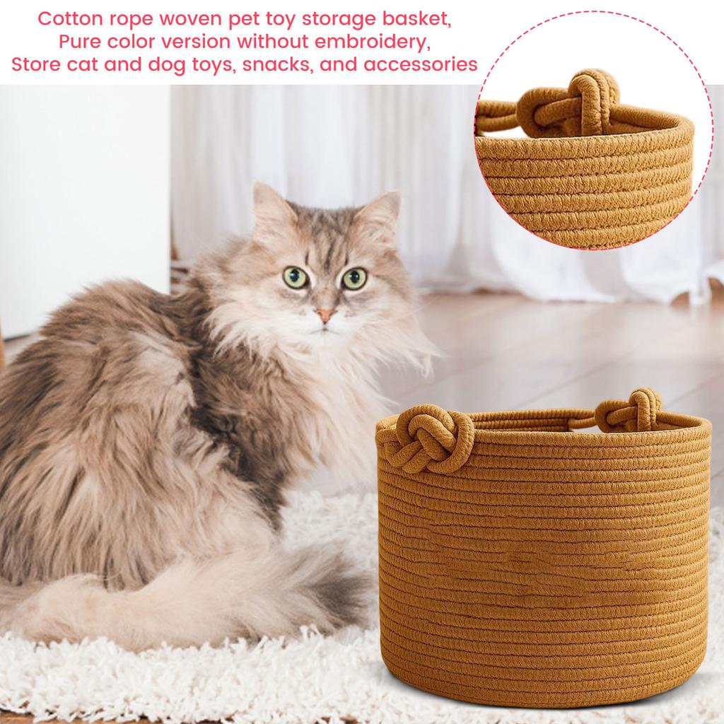Pet Toy Storage Basket - Cotton Rope with Knot Handles, Color No Embroidery, for and Dog Toys, Treats and Accessories