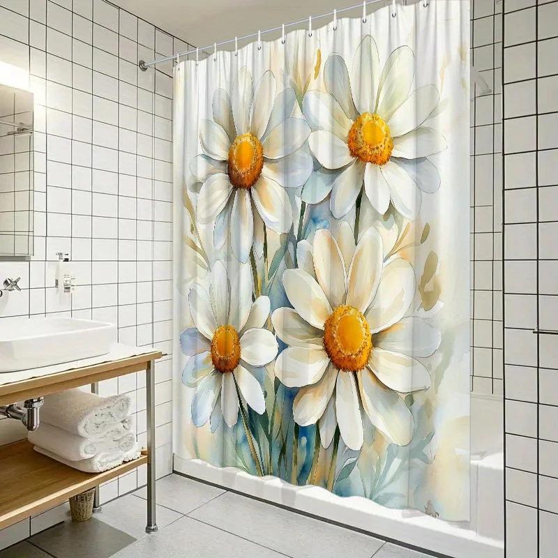 ~O~1pc White Daisies Watercolor Shower Curtain - Polyester, Fashion Floral Design, 70.8x70.8", 12 Hooks, Washable