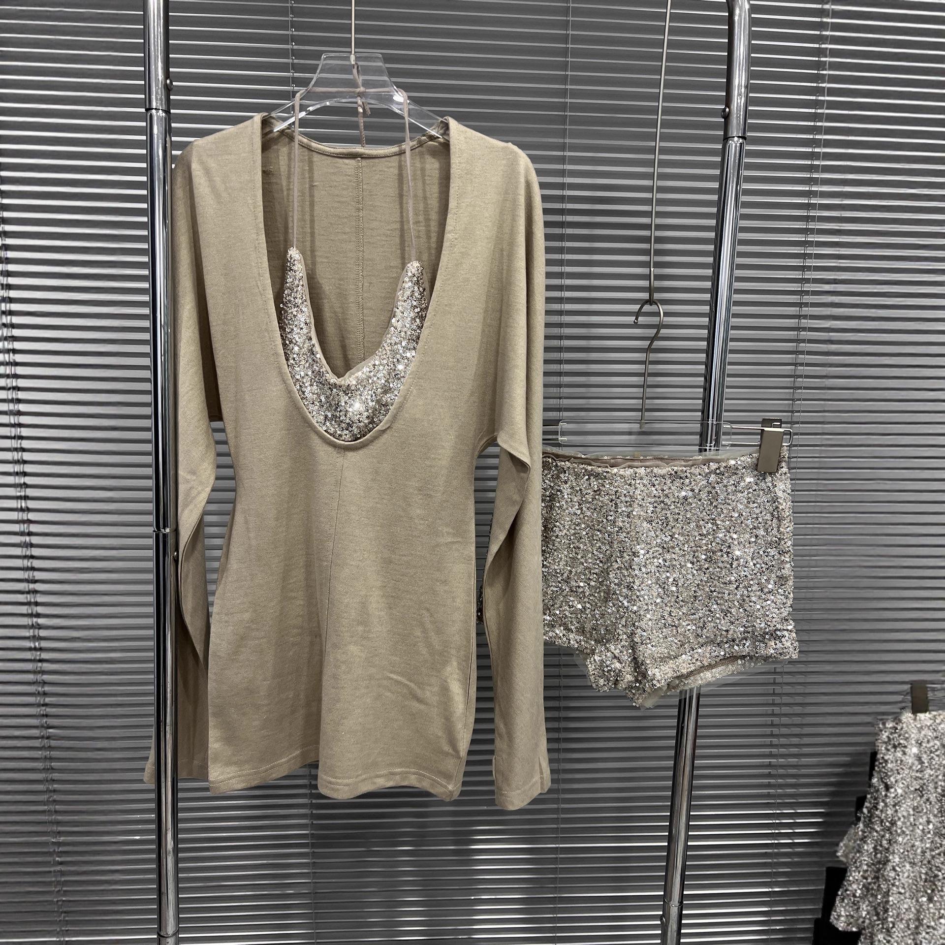 2025 Autumn/Winter Apricot Sequin Deep V-neck Sexy Women s Slim Fit Long Sleeve Top and Shorts Set. Large