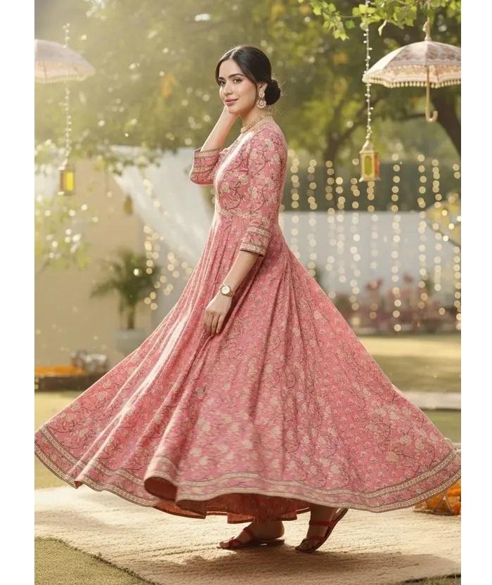 Kurta Anarkali din Bumbac Pur Imprimat pentru Femei (multicolor)