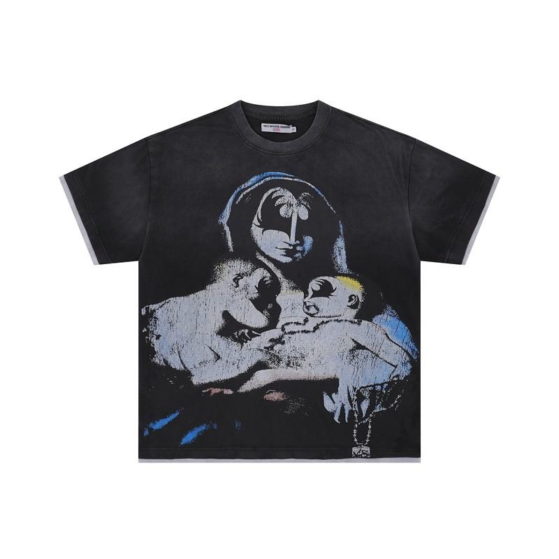 Meichao Vale New Retro Character Print Summer High Street Men and Women Loose Casual Wash Old Short Sleeve T-shirt