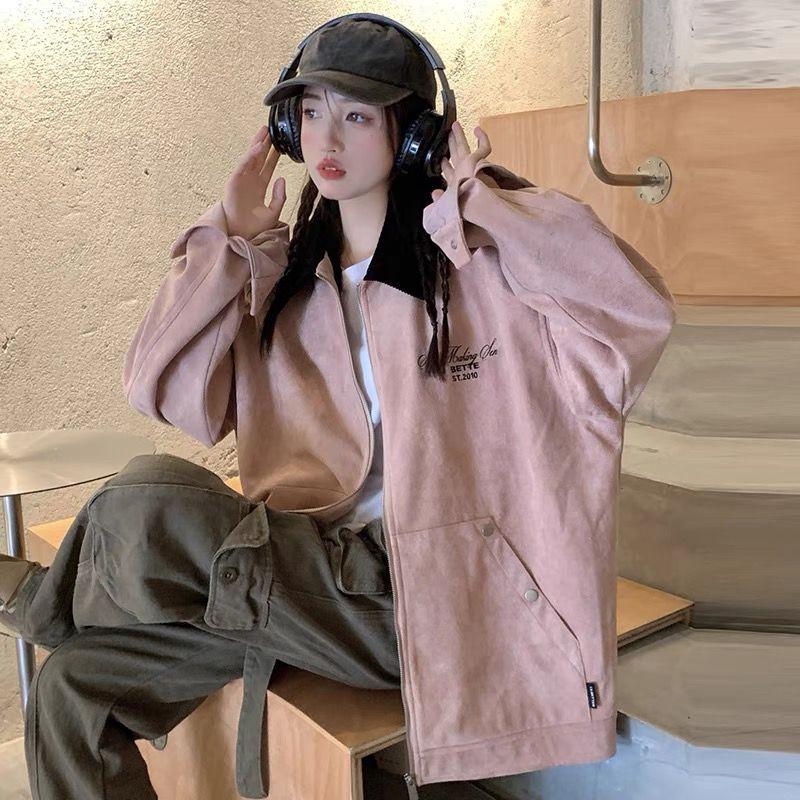 Frühling Herbst Locker Geschnittene Workwear Jacke Damen Rosa Baseballjacke