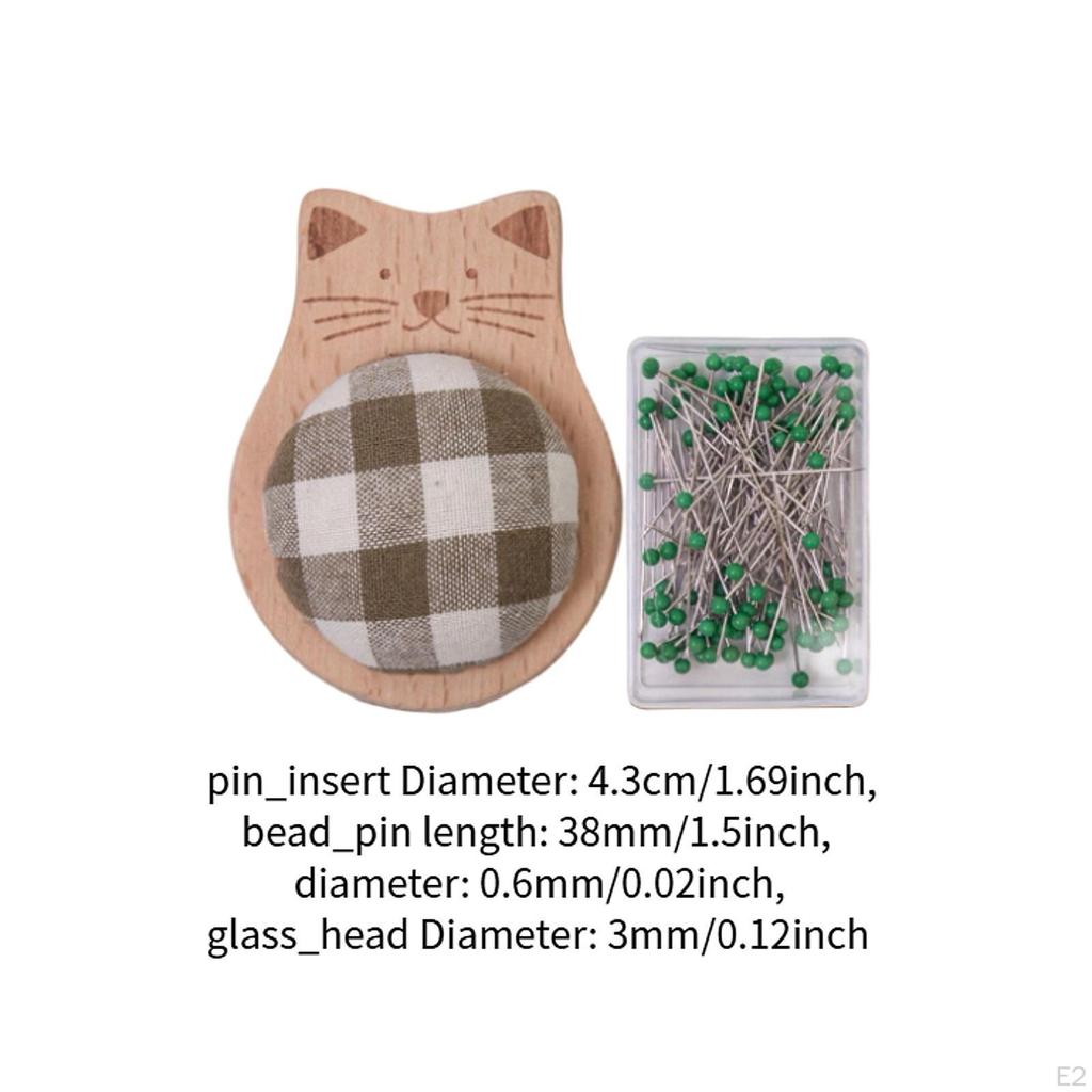 Cute Pin Cushion with Pins Ball Head Sewing Set DIY Craft Accessories Small Wooden Base
