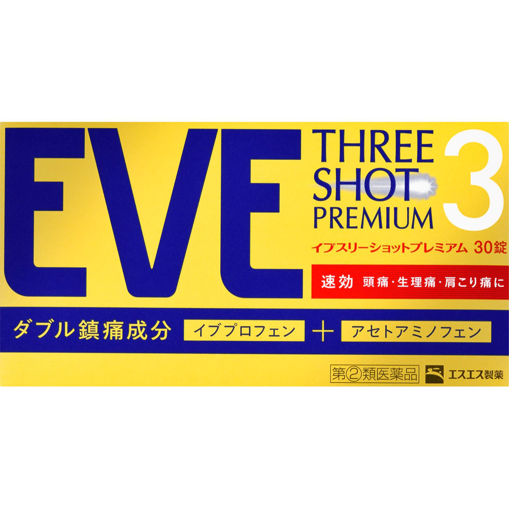 

S.S. Pharmaceuticals Eve Three Shot Premium 30 tablets Ibuprofen Main Indications: - Headache, menstrual pain (period pain), stiff shoulders, toothach 1