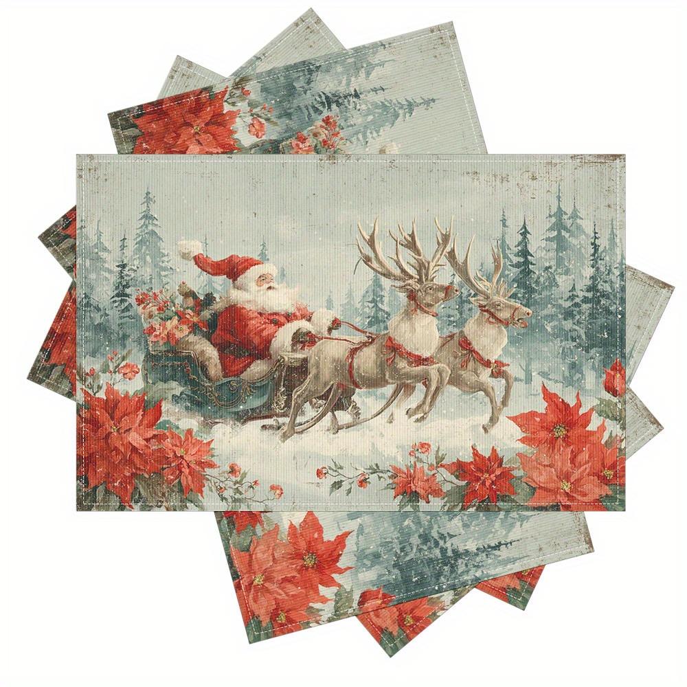 

4pcs Vintage Christmas Placemats with Santa Claus & Reindeer Illustration - Festive Holiday Table Decor for Parties, Coffee Tabl 30x45cm-4PC