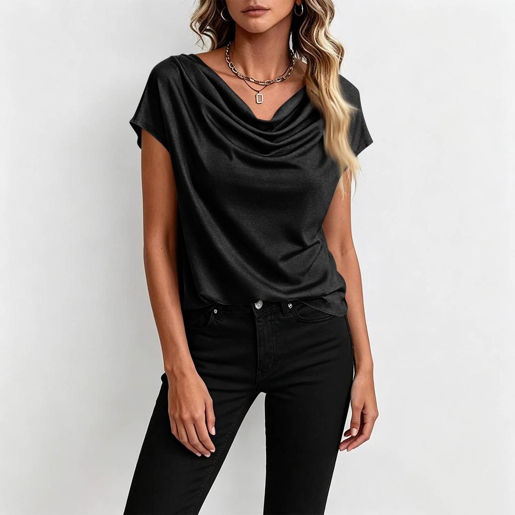 Womens Casual Draped Neck Short Sleeve Top Lightweight Relaxed Fit Solid Color Blouse Suitable for Daily Wear and Various Occasions