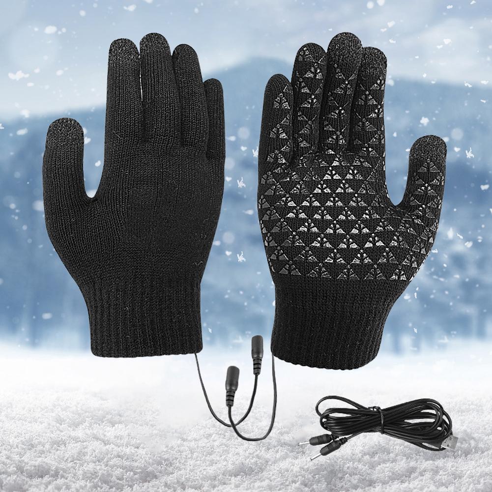 USB Heated Knitted Gloves Full Finger Gloves Non-Slip Touch Screen Gloves Thermal Knitting Mitts for Outdoor Sports
