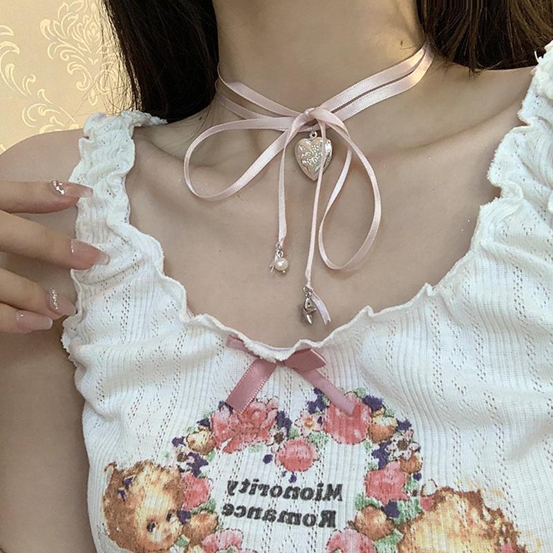 Y2K Pink Rope Tied Peach Heart Pendant Necklace For Women  Retro Sweet Harajuku Necklace Charm Jewelry Gift