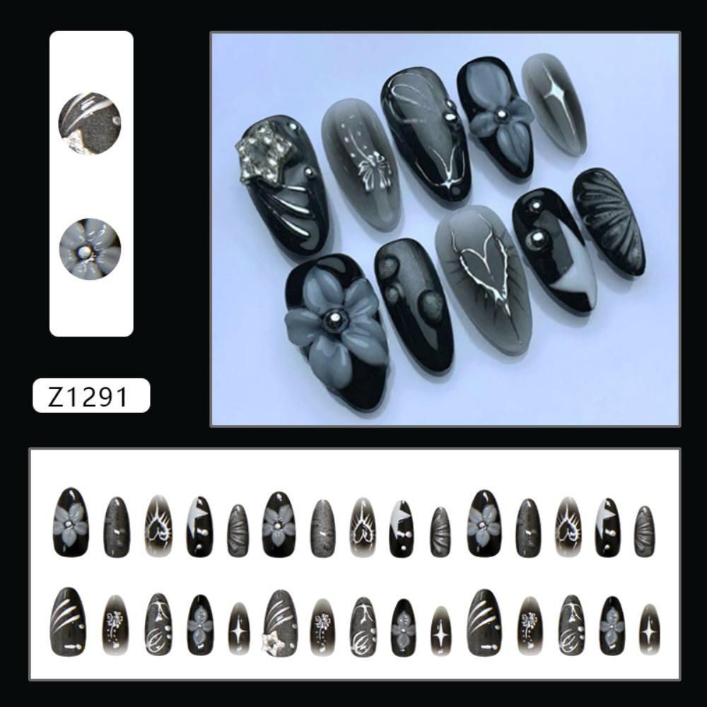 Manicure Long Almond False Nails Cat Eye Flowers with Heart-shaped Stripes Press on Nails Detachable French Nail Tips DIY красный