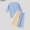 INCERUN Two Pieces Summer Men O Neck Striped Hollow Patchwork Short Sleeve Tops and Shorts Sets