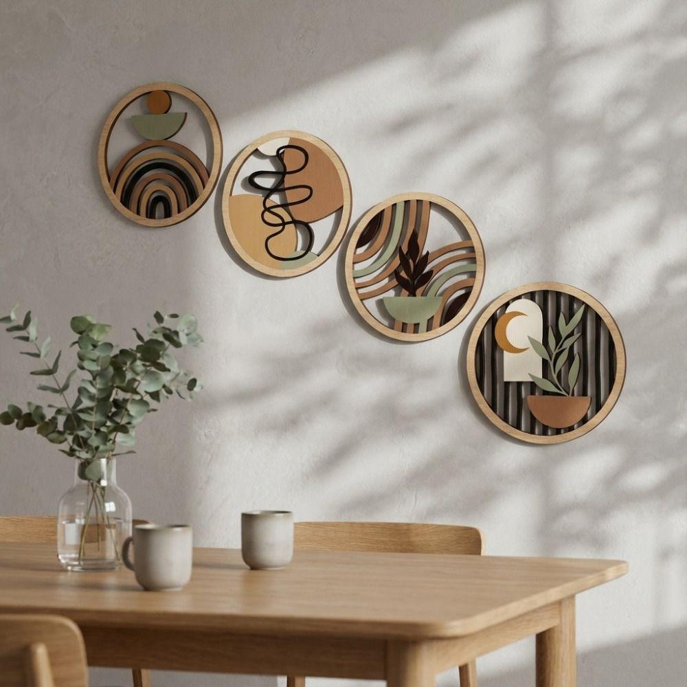 4pcs Round Shape Hanging Signs for Home Wooden Wall Decoration Bohemian Wall Art Set  Baby Room