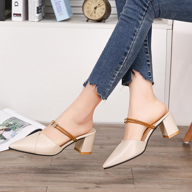 Spring and Summer Footwear Sandal Female Pointed Word with Large Size Comfortable Cool Half-drag Thick Heel Sandal Female.