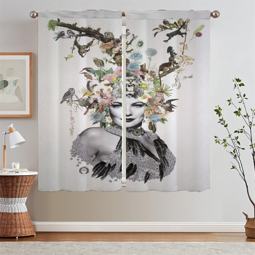 Bedroom Blackout Curtains Offers Woman Portrait Tentacles Tulle In Kitchen Curtains 2 Pieces Window Modern Home Decoration Blind