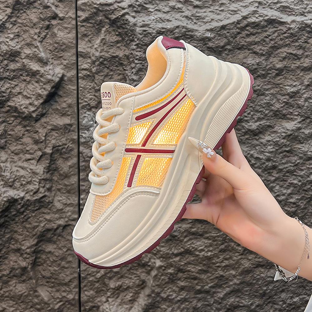 Women's Summer New Style Breathable Versatile Thick Bottom Sneakers Casual Sports Shoes Elastic Closure Ankle Length PU Leather