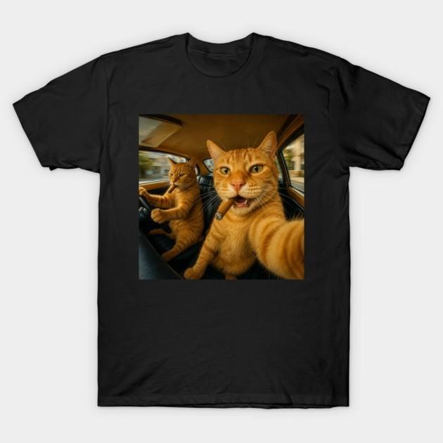 Funny Ginger Cats Driving‑Car Cigar‑Selfie Quirky‑Meme Unisex Cotton T‑Shirt