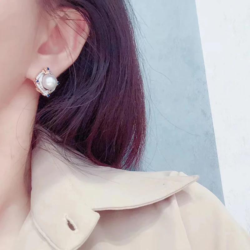 Huitan Gorgeous Women's Imitation Pearl Stud Earrings with Brilliant Blue/White CZ Novel Two Tone Luxury Trendy Wedding Zircon