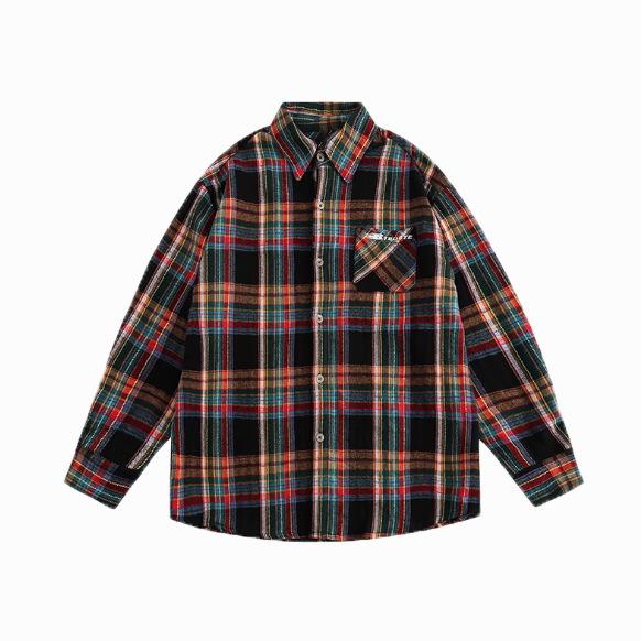 Vintage plaid polo collar shirt jacket women's spring and autumn Korean version loose shirt chic top