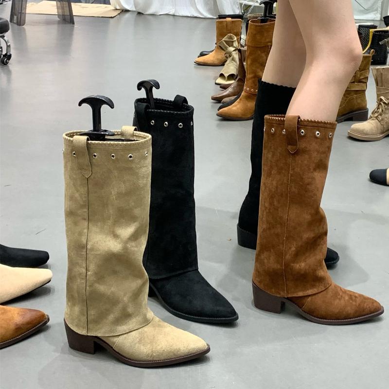 Stivali Western da Cowboy da Donna con Tacco Spesso Vintage alla Moda Scarpe Combinazione Designer Splicing Stivaletti Lunghi da Donna Autunno Inverno