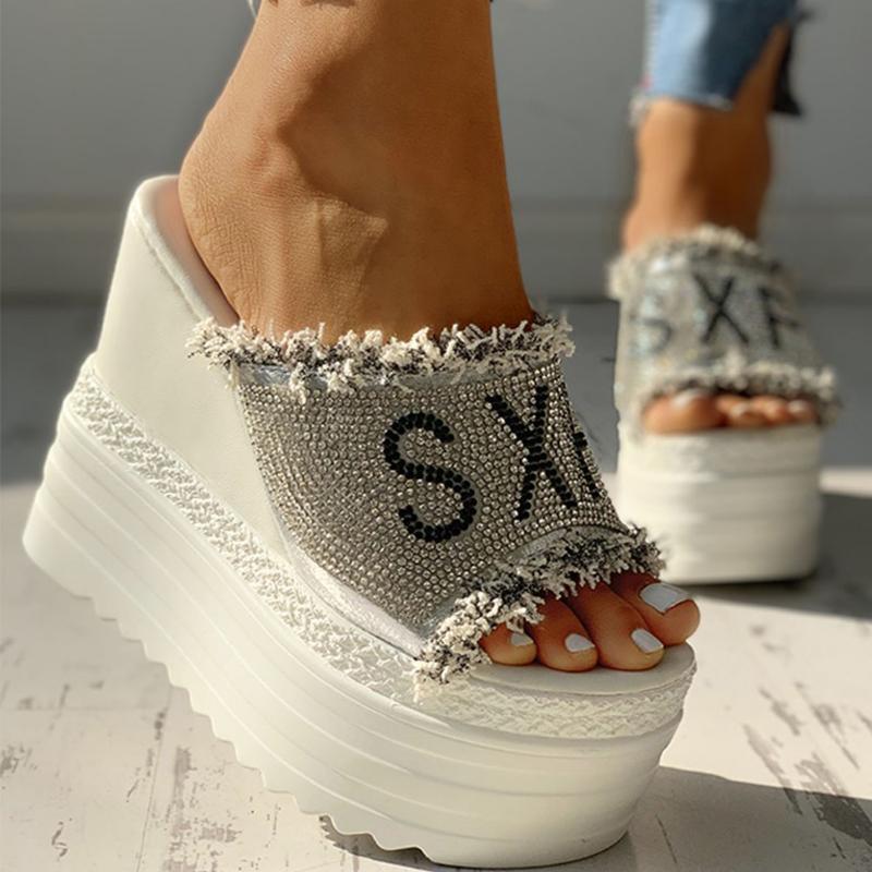 Fashion Crystals Wedges High Heels Slippers Leisure Summer Sandal Woman Shoes Women Platform Mules Slippers Slip On Outside Pantuflas