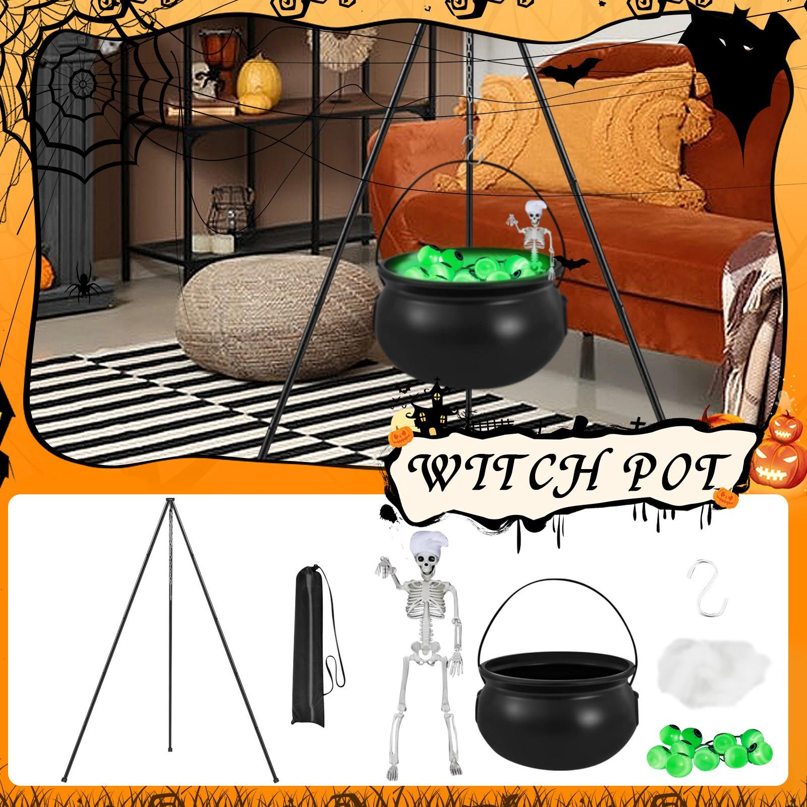 

Украшения для улицы, Котёл ведьмы для украшения двора, Большой котёл ведьмы на треноге со световой гирляндой, скелетом и глазными яблоками One Size