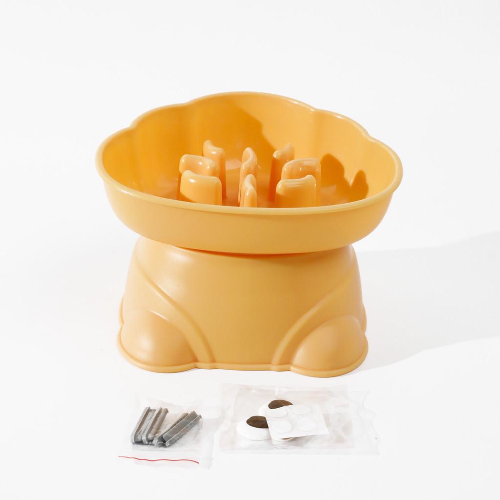 Pet Food Dispenser With Dual Compartments For Dogs In Lemon Yellow And Pink Colors