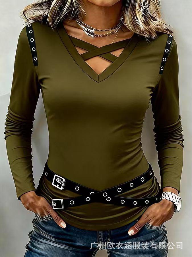 Women V Neck Crisscross Cutout Long Sleeve Top Eyelet Belt Decor Slim Fit Casual T Shirt Blouse