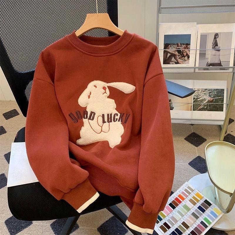

Женский осенне-зимний свитшот с кроликом, с чувством дизайна, американский ретро, маленький человек, с круглым вырезом, пуловер-топ 3XL красный