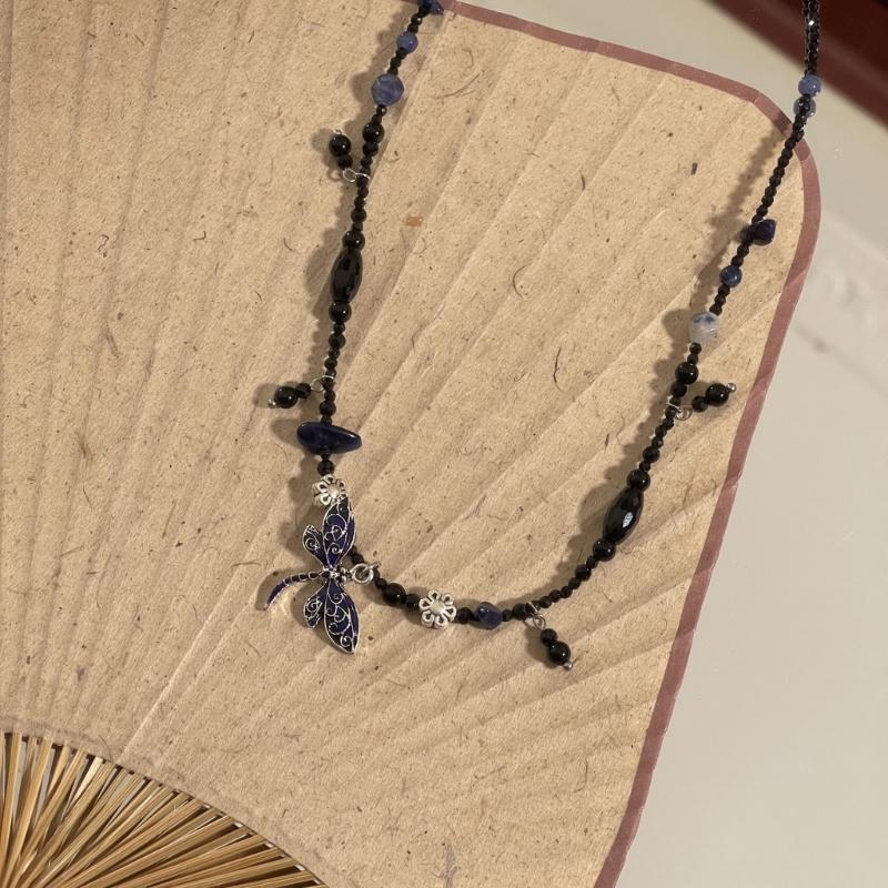 Fashion Metal Dragonflies Pendant Necklace Y2K Black Beads Chain Statement Choker Necklace for Women Club Punk Jewelry
