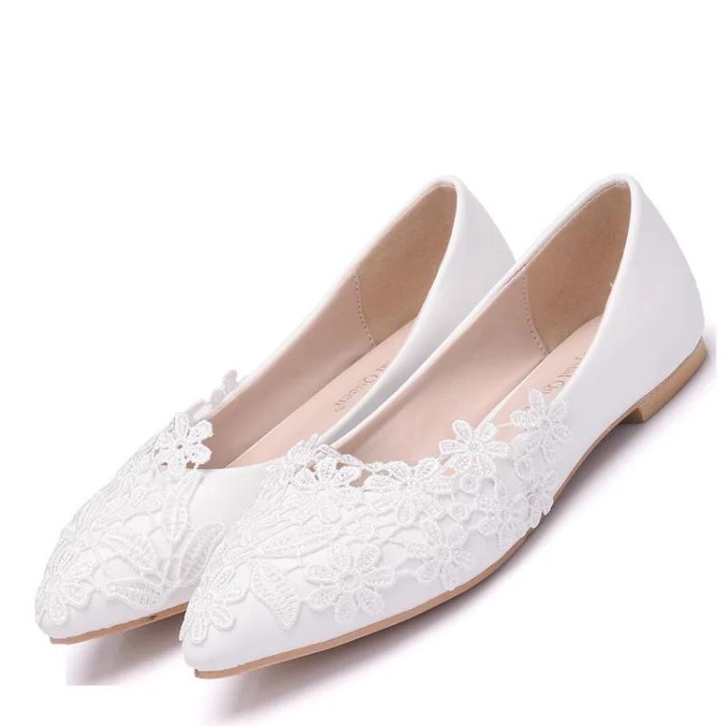  Fashion Woman Flat Lace Wedding Shoes Pointed Toe Flat White Women's Bridesmaid Shoe Lightweight Dance Shoes Sneaker
