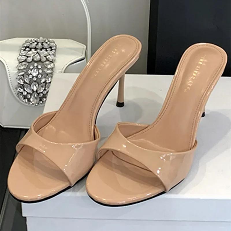 Fashion Fashion Thin High Heeled Slippers Women Sexy Round Toe Open Toe Patent Leather Slide Sandals Summer Elegant High Heels Sandalias