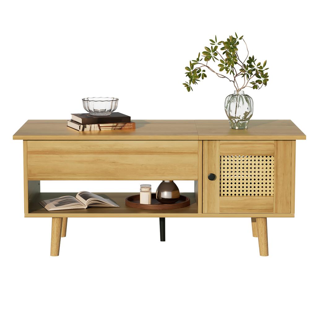 Eleganter Couchtisch mit hochklappbarer Tischplatte und Rattantüren, Holzfarbe mit schwarzen Akzenten, ideal für das Wohnzimmer