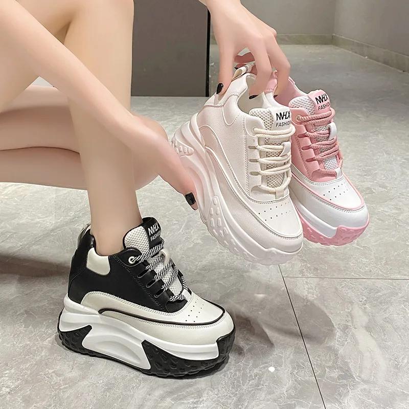 10CM High Heels Autumn Chunky Sneakers for Women 2025 New Platform Sports Mesh Shoes Woman Lace-up Thick Bottom Dad Shoes Ladies
