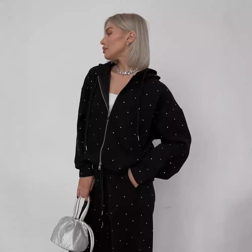 Černé Sportovní Obleky Dámské Zipová Mikina Kalhoty Set Tečkované Sety Sportovní Oblečení Neformální Outfit Tepláková Souprava