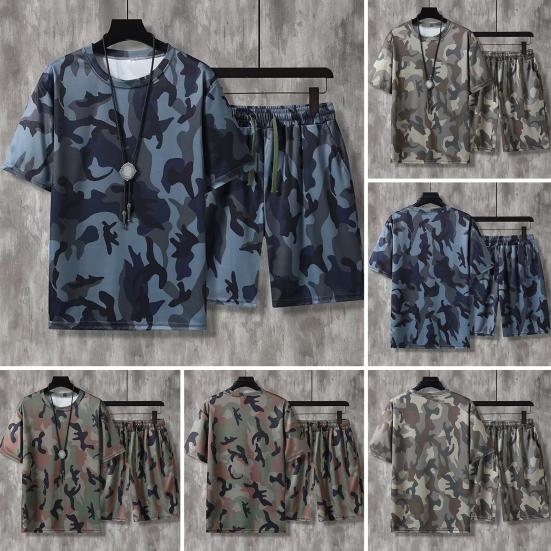 

2 шт./комплект. Чоловічий літній спортивний костюм. Футболка з круглим вирізом і короткими рукавами. Шорти з широкими штанинами. L синій