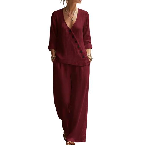 

Women s Summer 2 Piece Sets Casual Half Sleeve V Neck Buttons Top And Wide Leg Pants Lounge Outfits with Pockets L вино красного
