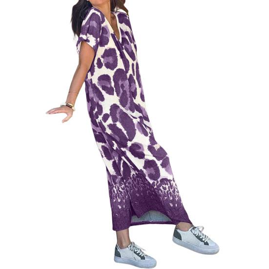 

Women Summer T-shirt Shift Dress Leopard Print Short Sleeve V Neck Long Dress Casual Maxi Beach Sundress M фиолетовый