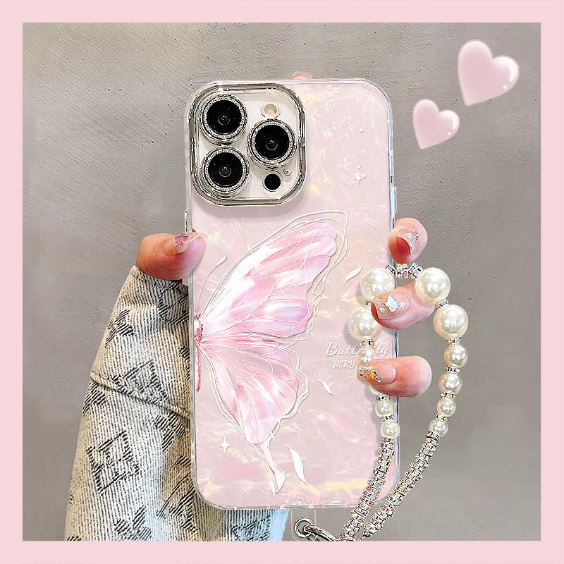 The pink butterfly bracelet is suitable for Apple 17promax mobile phone case iphone16 high-value girls 15 new models 14 outside