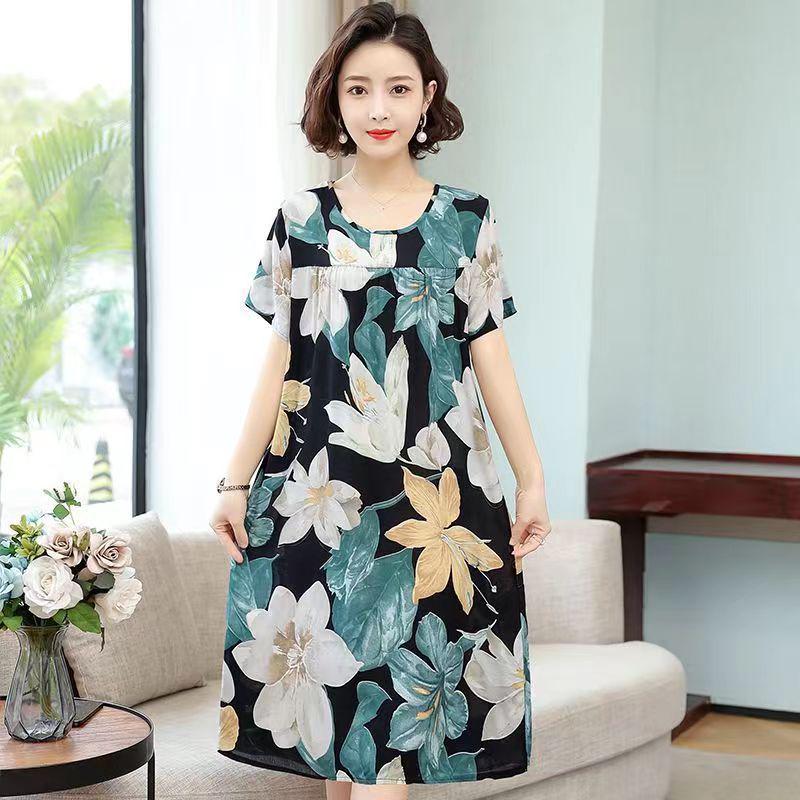 Women's Cotton Silk Mid-Length Nightgown - Summer Pajamas Plus Size Homewear for Middle-Aged and Elderly