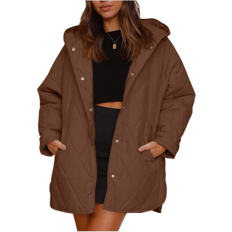 Damen Herbst und Winter einfarbig leichter Freizeitmantel lockere Rauten-Kapuzenjacke