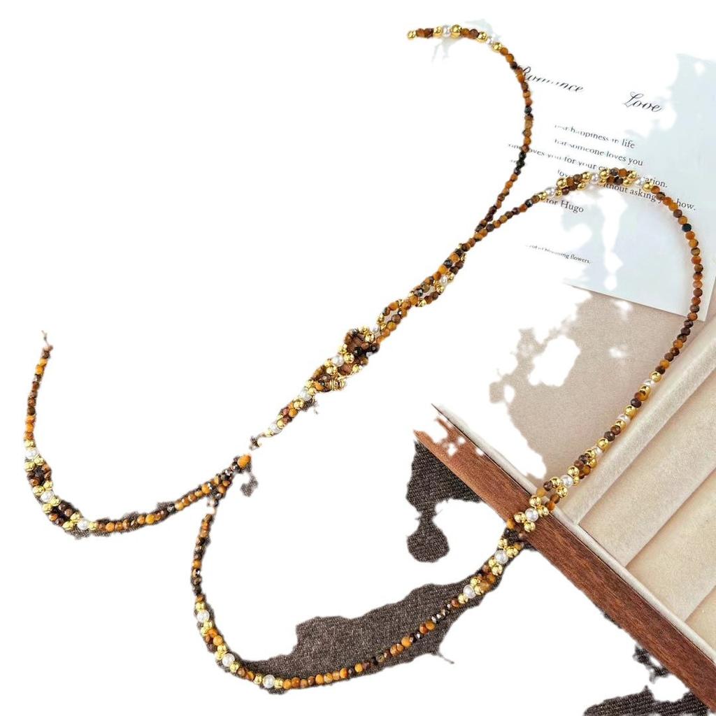 Vintage Maillard Style Natural Tiger'S Eye High Quality Artificial Pearl Woven Collarbone Chain Necklace New