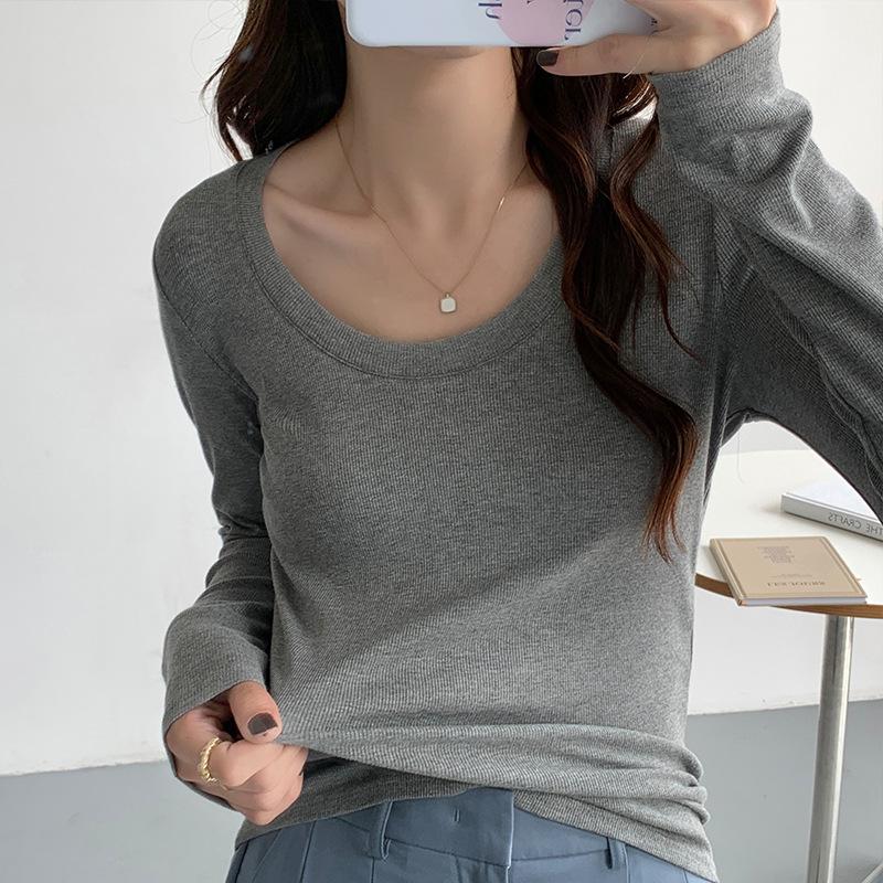 

Однотонная рубашка для женщин в начале осени, новая футболка с длинными рукавами, облегающий крой, низкий круглый вырез, универсальный верх XL