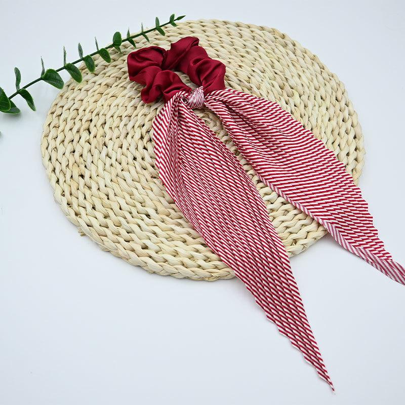 1PC French Retro Super Fairy Temperament Satin Bow Striped Hair Band Korean Internet Celebrity Sweet Girl Streamer Hair Rope