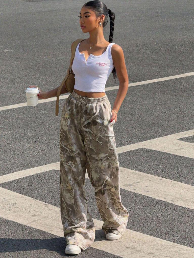 2025 Teen Fashion Camouflage Print Elastic Waist Wide-Leg Pants