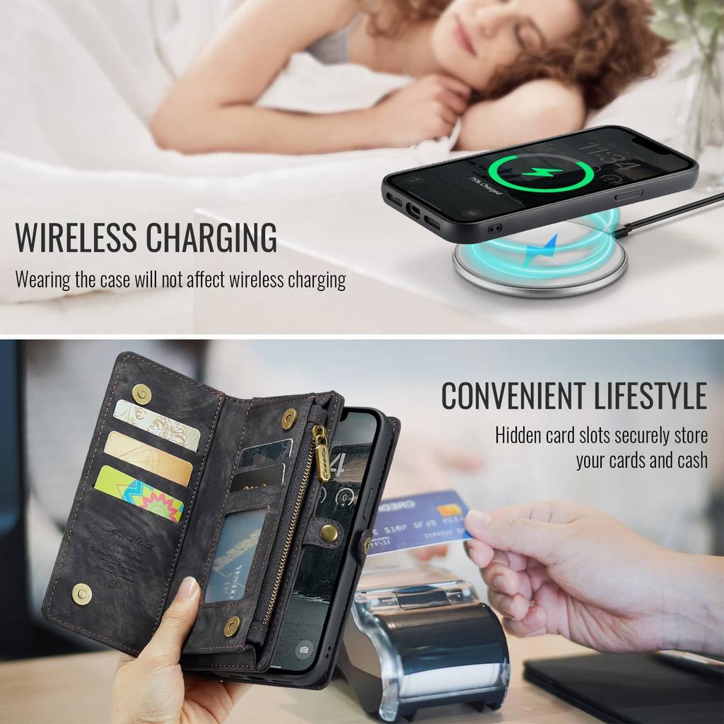 For iPhone 17e 16e Magnetic Wallet Case Compatible Magnetic RFID Blocking Zipper Card Holder Detachable Strap Shockproof Cover