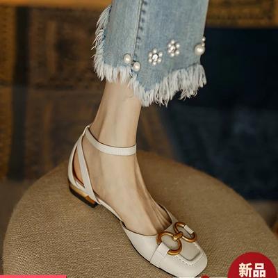 2025 New Square Head Soft Leather Korean Version Versatile One-word with Thick Heel Women's Shoes Summer Bag Head Flat Bottom Women's Sandals