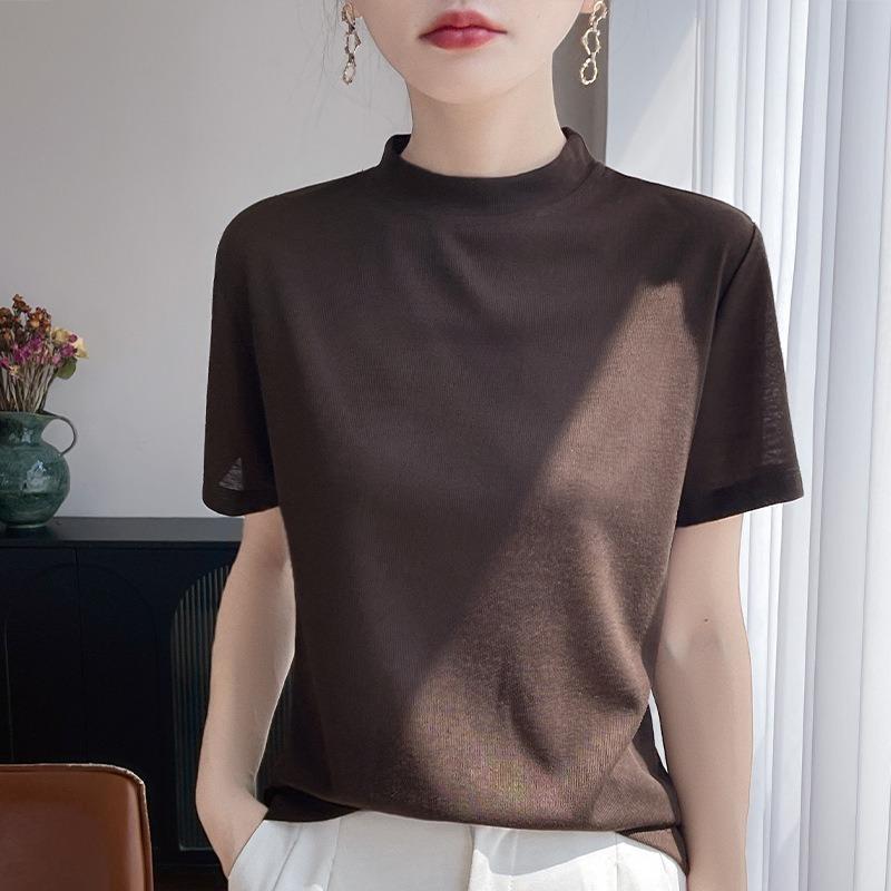 Frühling und Sommer Neuer Stil Einfarbige Halbtop mit kurzem Ärmel Damen Locker Dickes Basisschicht Oberteil Einfaches Unterwäsche Oberteil 2XL kaffeebraun